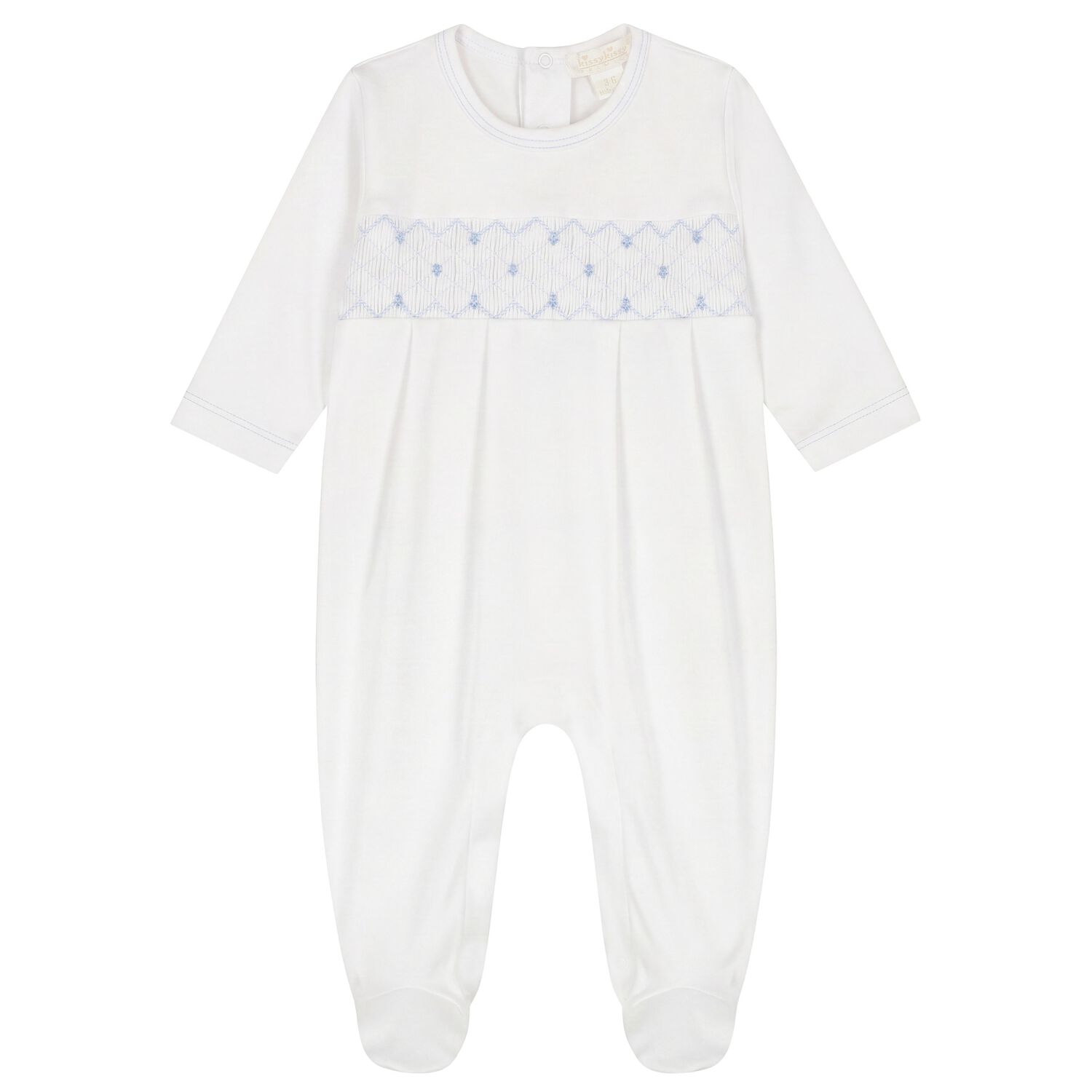 Baby Boys White & Blue Hand Smocked Babygrow, 1, hi-res