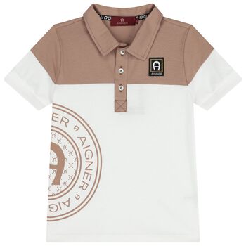 قميص بولو باللونين الأبيض و البيج بشعار للأولاد