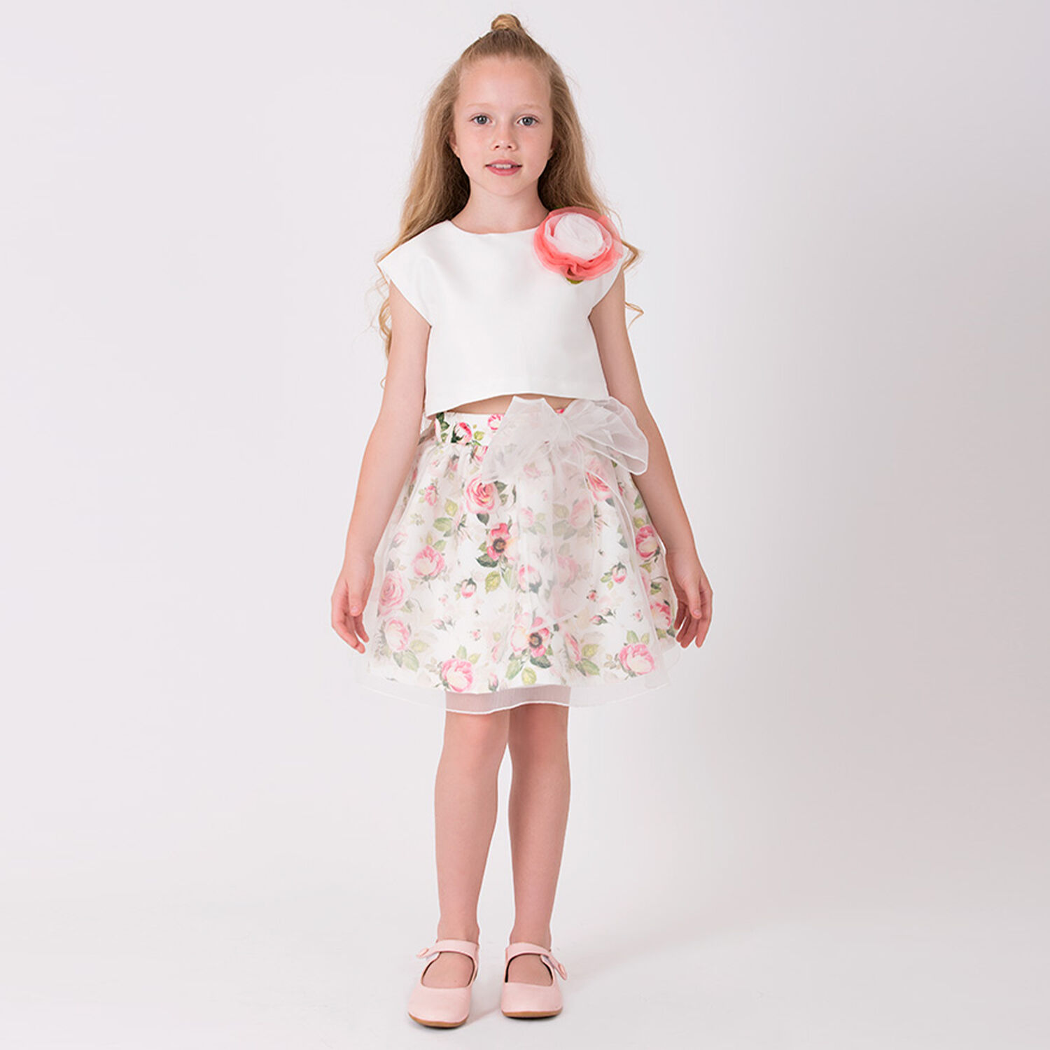 Girls Ivory & Pink Flower Skirt Set, 1, hi-res