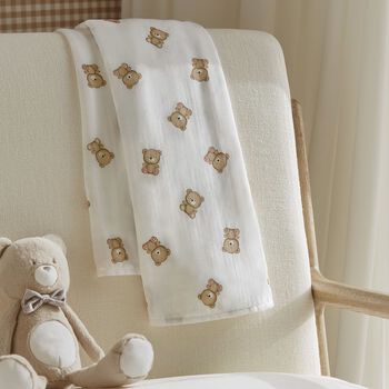 White Teddy Bear Print Baby Swaddle