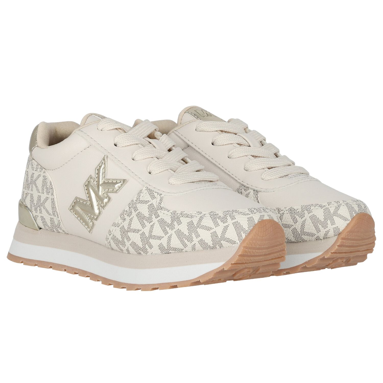 Girls Ivory & Gold Logo Trainers, 1, hi-res