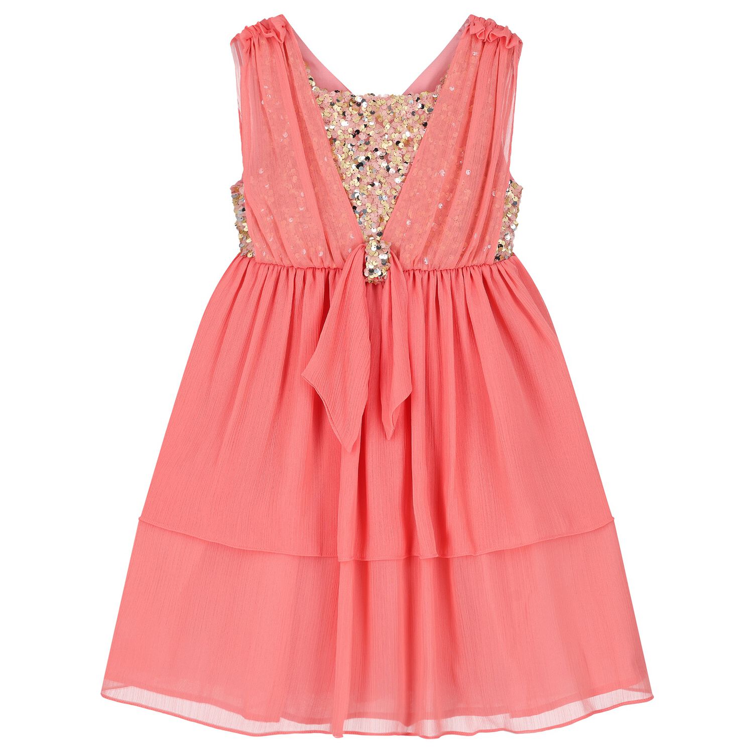 فستان شيفون مزين باللون المرجاني للبنات, 1, hi-res image number null