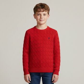 Red Logo Cable Knit Jumper