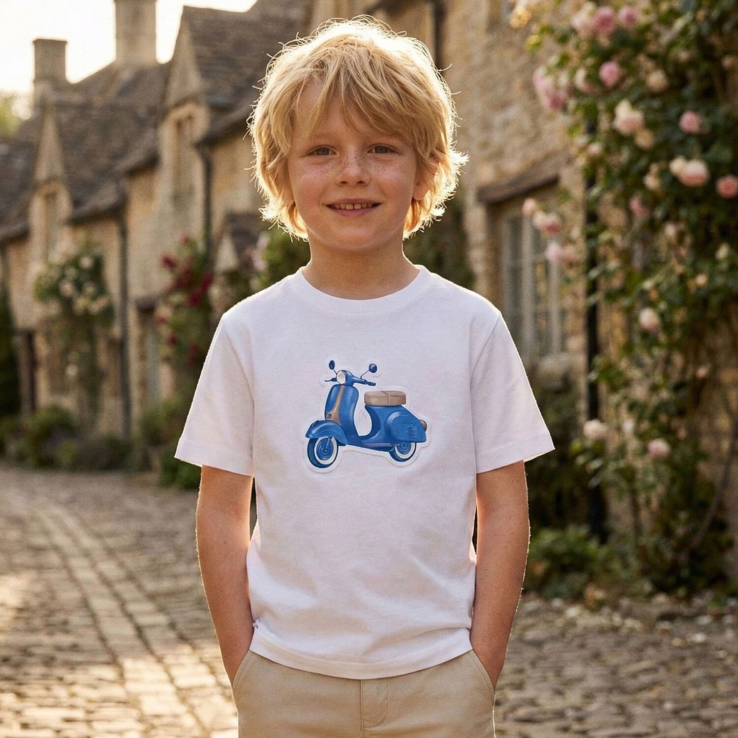 Boys White Motorbike T-Shirt, 3, hi-res