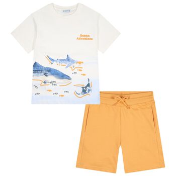 Boys White & Orange Shark Shorts Set