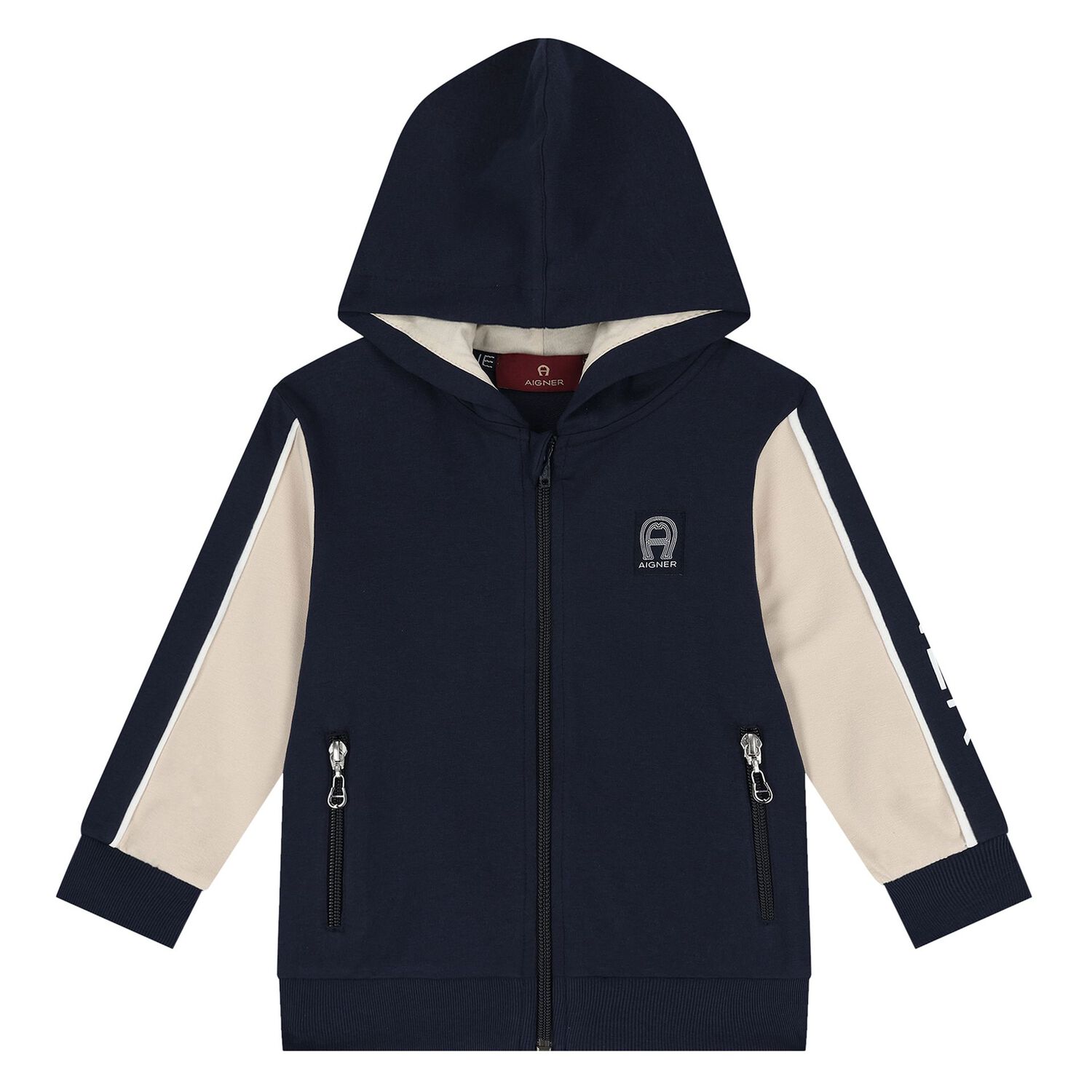 Younger Boys Navy Blue & Beige Logo Hooded Zip Up Top, 1, hi-res image number null