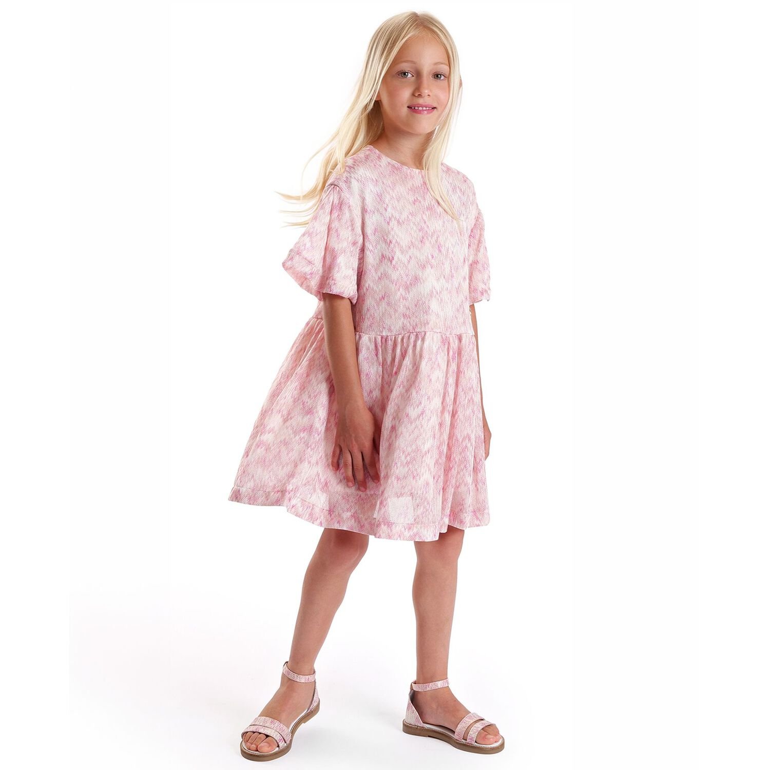 فستان بنات بشكل زجزاج باللون الوردى والعاجى , 1, hi-res