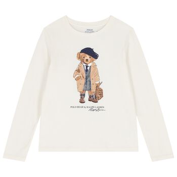 Girls White Polo Bear Long Sleeve Top