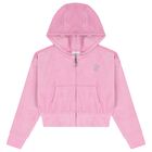 Girls Pink Crystal Embellished Diamant&eacute; Logo Hooded Zip Up Top, 1, hi-res