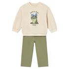 Younger Boys Beige & Green Tracksuit, 1, hi-res
