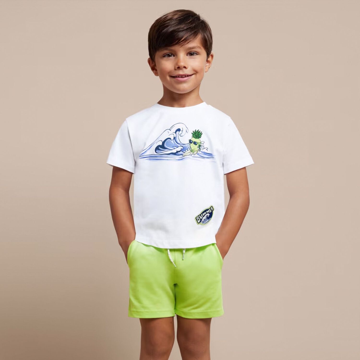 Boys White & Green Pineapple Shorts Set, 1, hi-res image number null