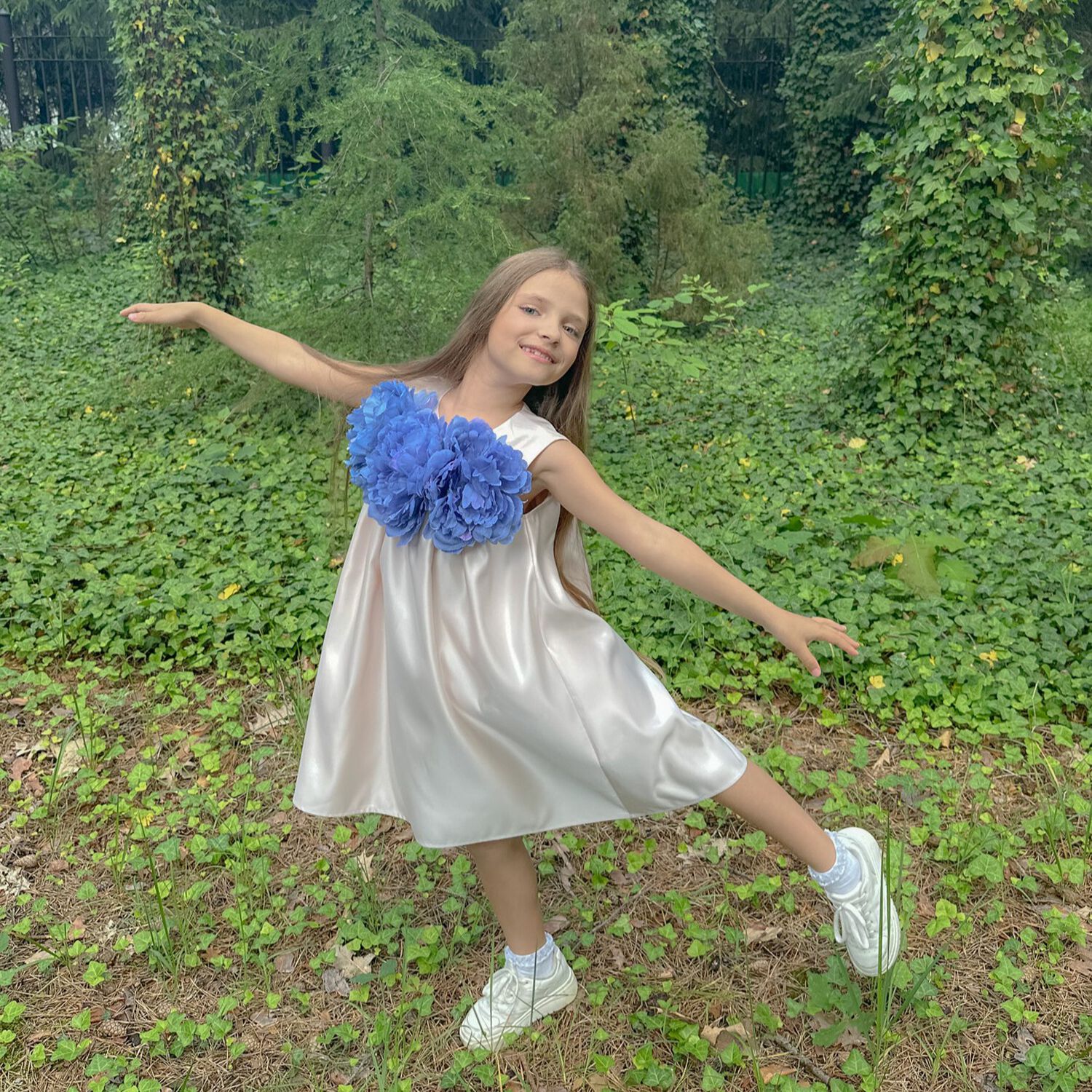 Girls Pink & Blue Flower Satin Dress, 1, hi-res image number null