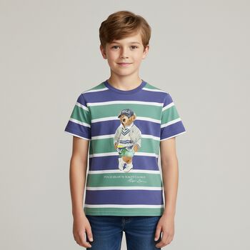 Boys Blue & Green Striped Bear Print T-Shirt