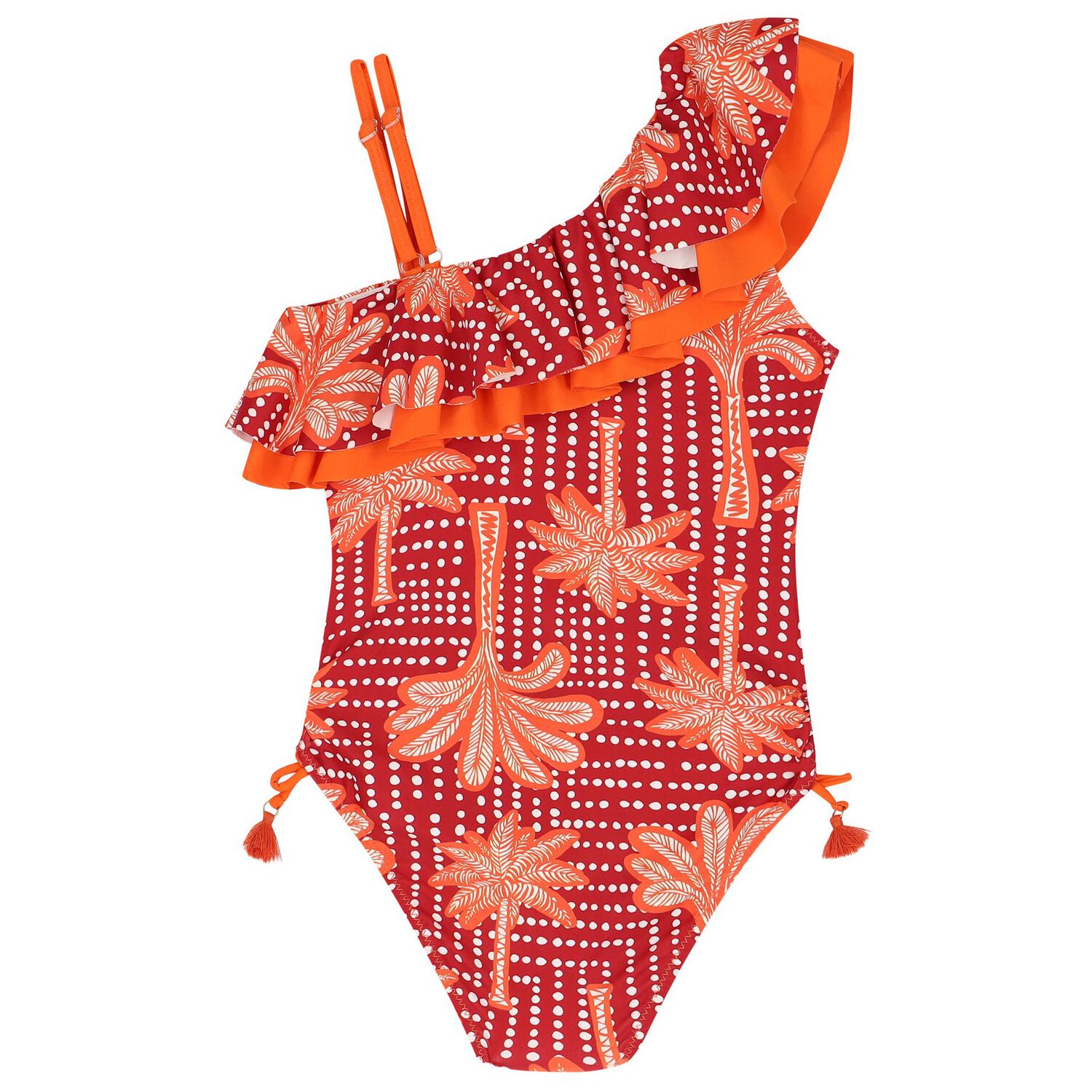 Girls Orange & Pink Palm Tree Swimsuit, 1, hi-res