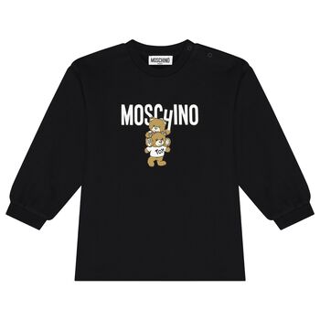 Younger Girls Black Teddy Bear Logo Dress