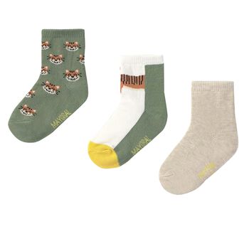 Baby Boys Green & Beige Cat Print Socks ( 3-Pack )