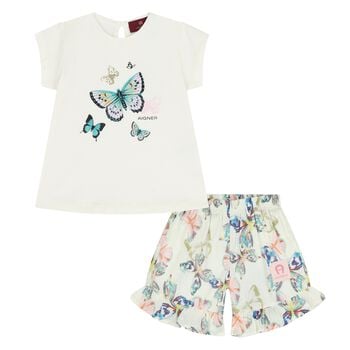 Younger Girls Ivory & Green Butterfly Shorts Set