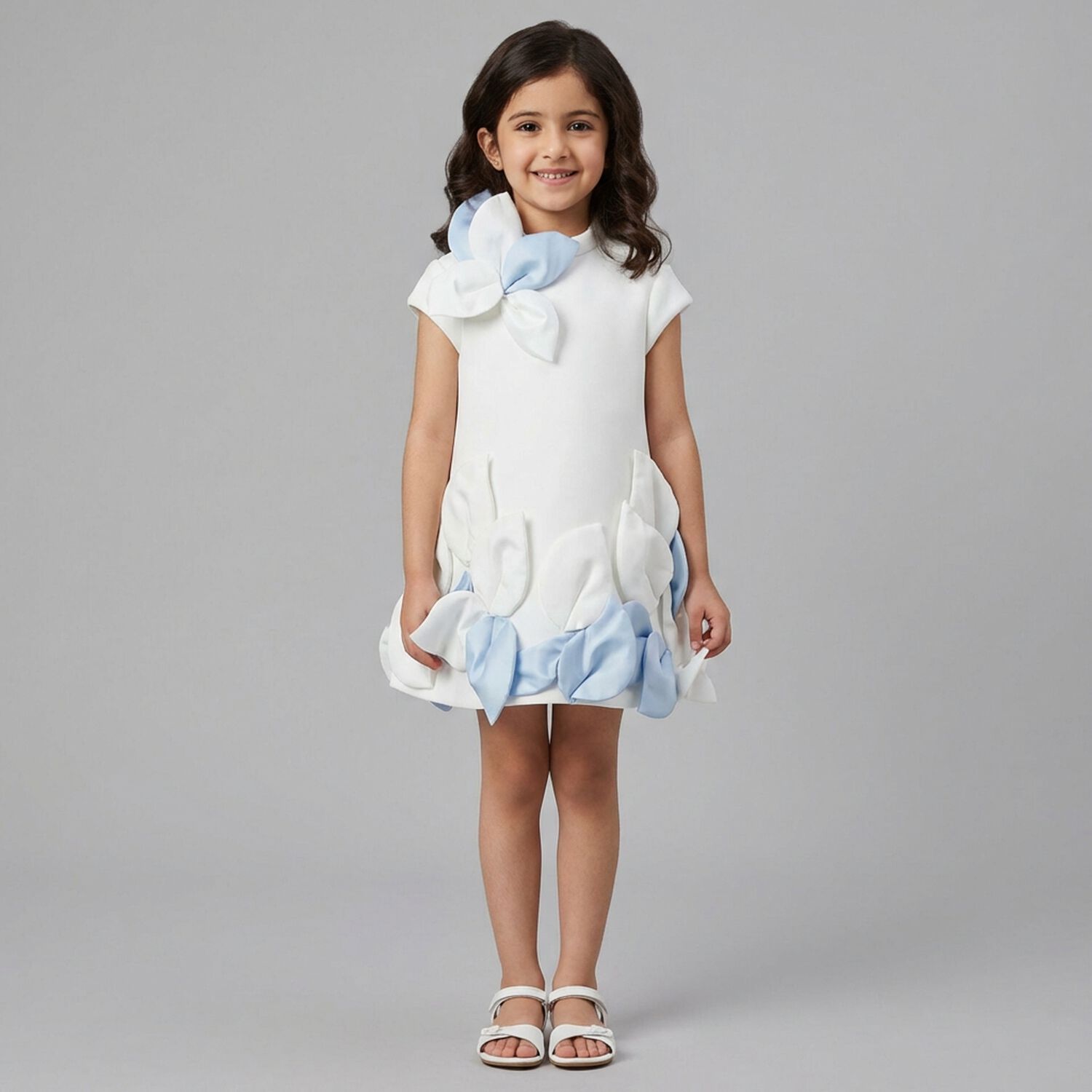 Girls White & Blue 3D Petal Dress, 1, hi-res