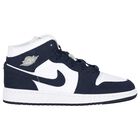 Navy Blue & White Air Jordan 1 Mid Trainers, 1, hi-res