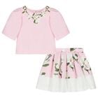 Girls Pink Floral Satin Skirt Set, 1, hi-res