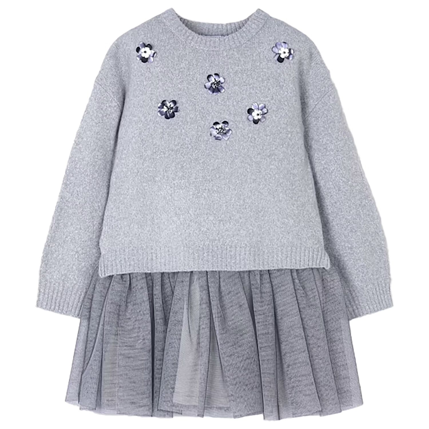 Girls Grey Tulle Dress Set, 3, hi-res