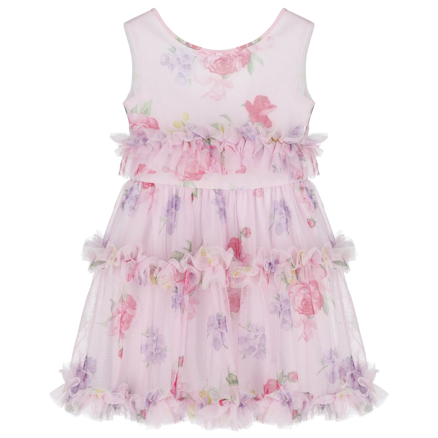 Girls Pink Floral Tulle Dress, 1, hi-res