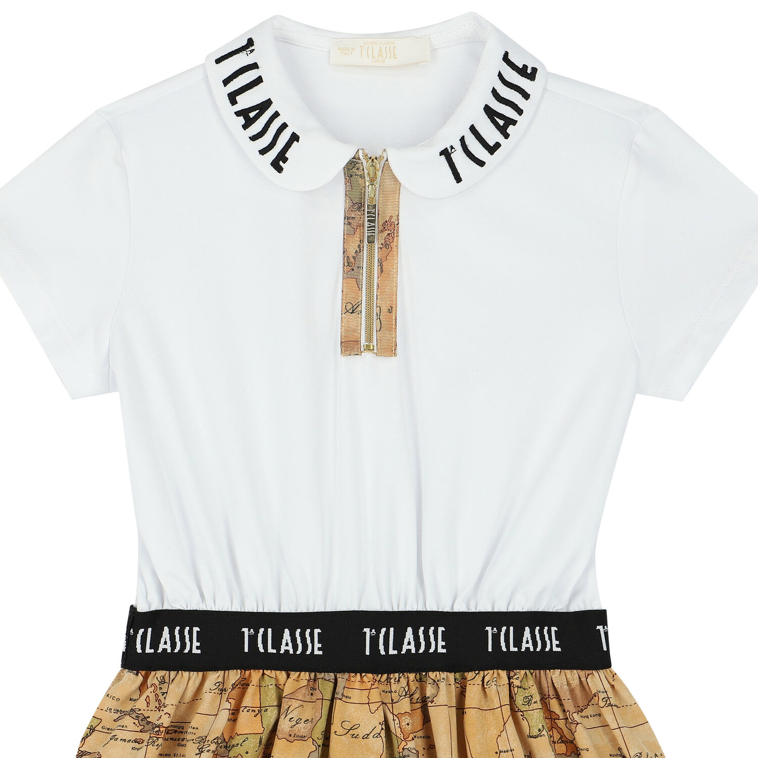 Girls White & Beige Geo Map Polo Dress, 1, hi-res