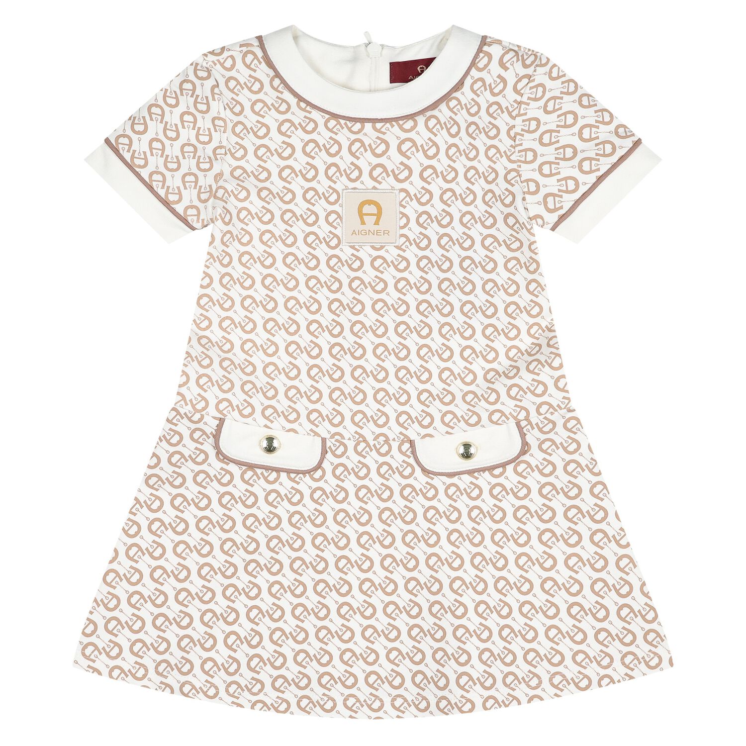 Younger Girls Ivory & Beige Logo Dress, 1, hi-res