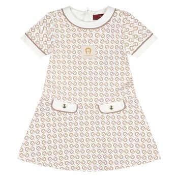 Younger Girls Ivory & Beige Logo Dress