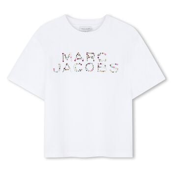 تيشيرت بنات باللون الابيض بالشعار مزين مرصع بأحجار الراين