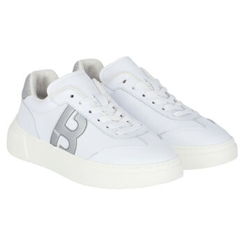 Girls White & Silver Logo Leather Trainers