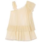 Girls Gold Pleated Lurex Dress, 1, hi-res