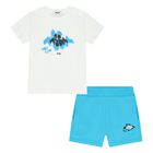 Younger Boys White & Blue Logo Shorts Set, 1, hi-res