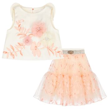 Girls Ivory & Pink Floral Skirt Set