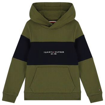 Boys Green & Navy Blue Logo Hooded Top