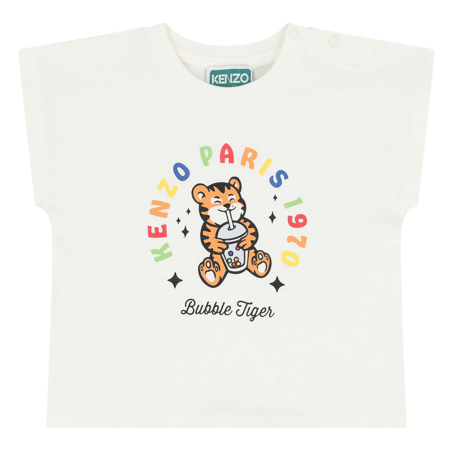 طقم أطفال شورت وقميص بشعار النمر باللون الأبيض والعاجي للأولاد, 1, hi-res