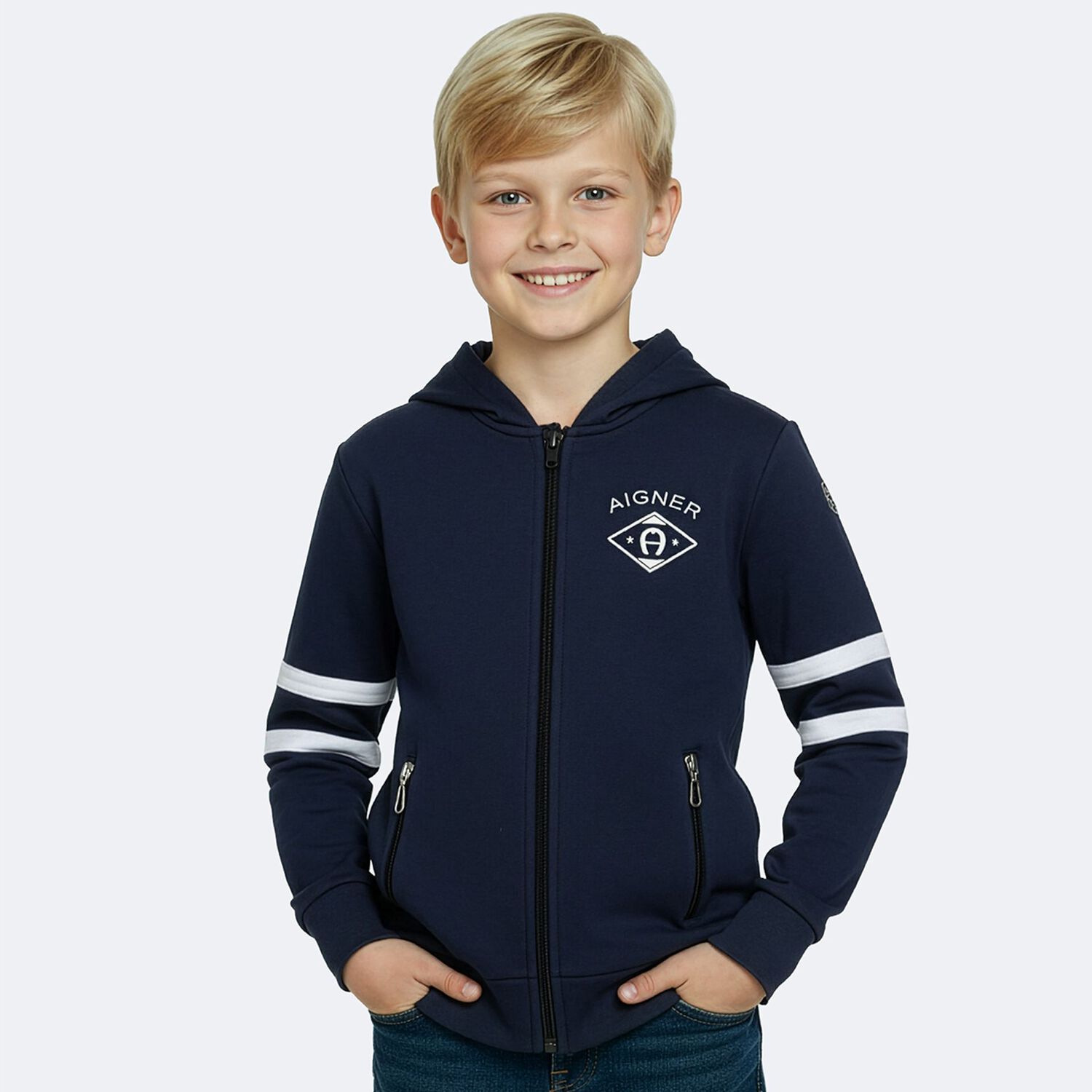 Boys Navy Blue Logo Hooded Zip Up Top, 1, hi-res