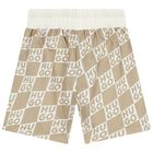 Boys Beige & White Check Logo Swim Shorts, 1, hi-res