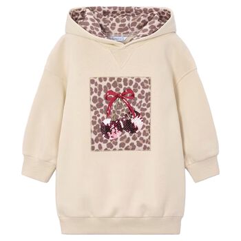 Girls Beige Embellished Cherry Hooded Sweatshirt Dress