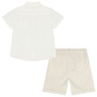 Boys Ivory & Beige Striped Shorts Set, 1, hi-res