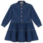 فستان بنات دنيم مطرز بالترتر بالشعار باللون الأزرق, 1, hi-res