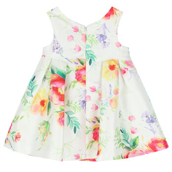 Younger Girls Ivory Floral Satin Dress
