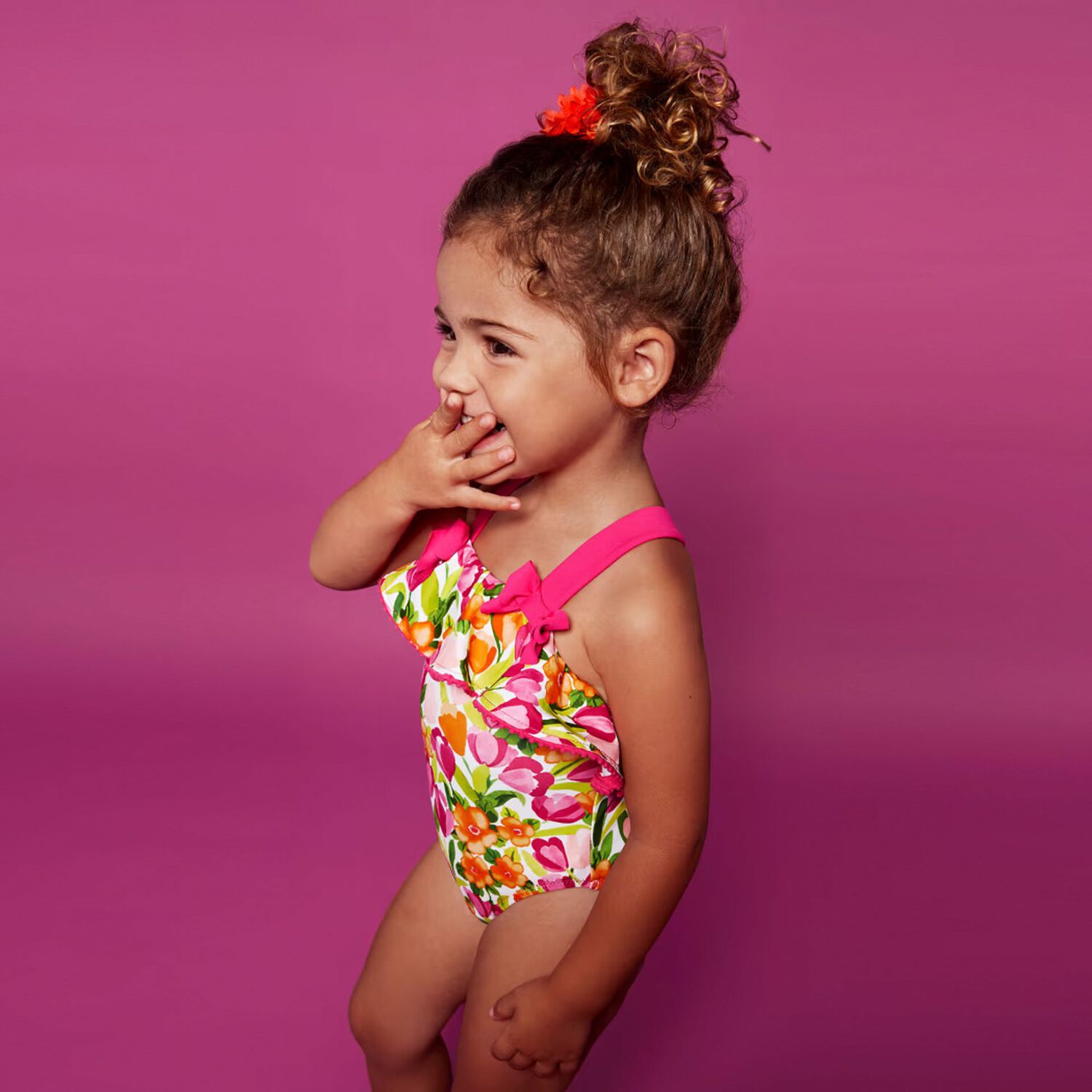 Younger Girls Green & Pink Floral Swimsuit, 1, hi-res