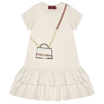 Girls Beige Faux Fur Bag Logo Dress