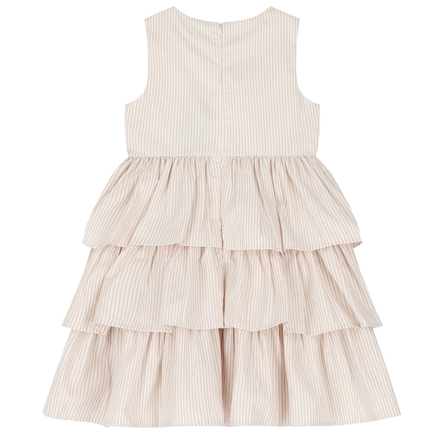 Girls White & Beige Striped Dress, 1, hi-res