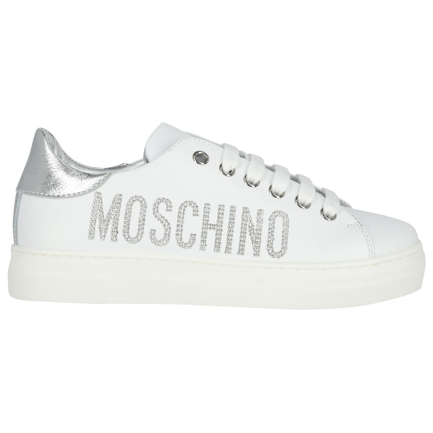 Girls White & Silver Logo Trainers, 1, hi-res