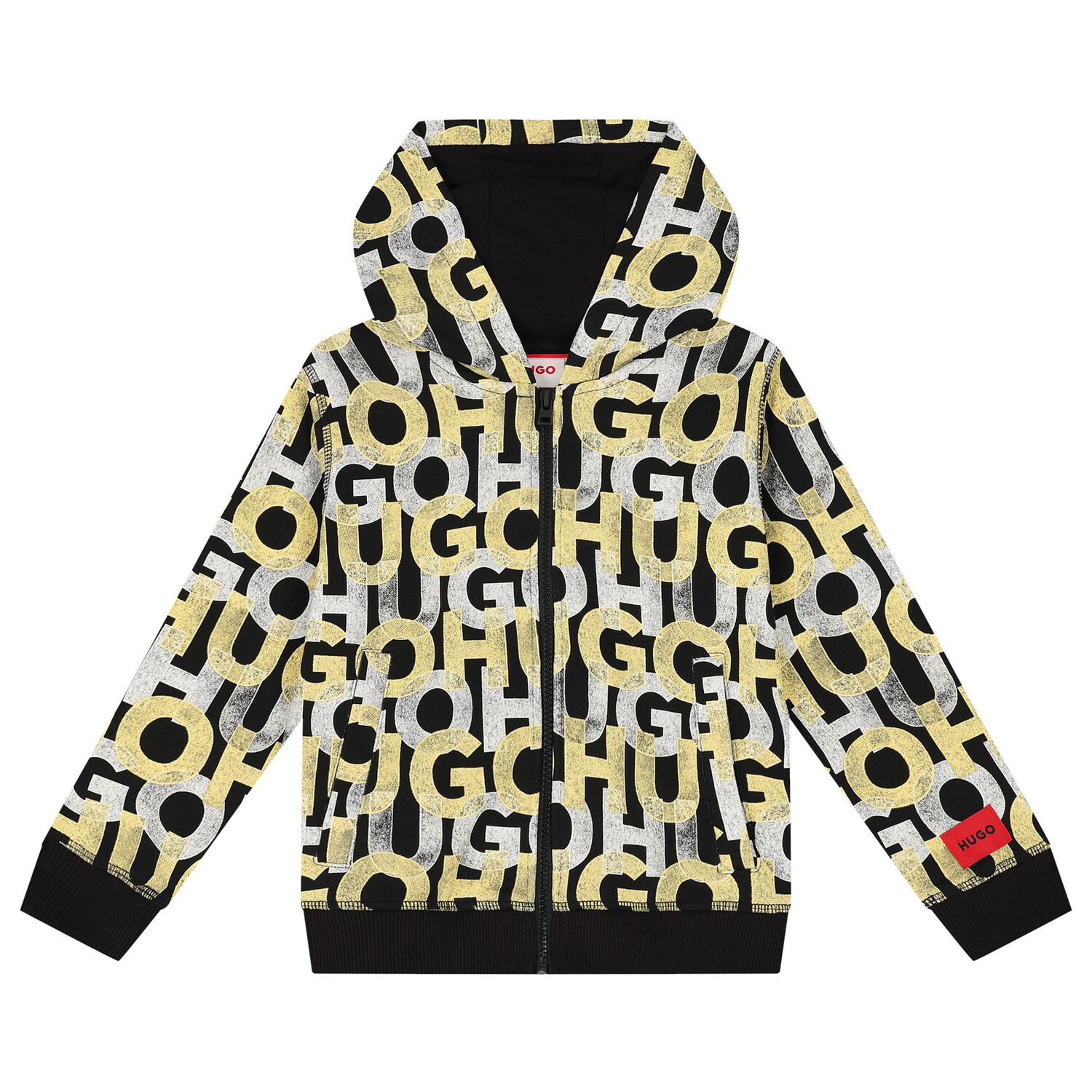 جاكيت بغطاء رأس وسحّاب بأحرف أولية باللون الأسود للأولاد, 1, hi-res image number null