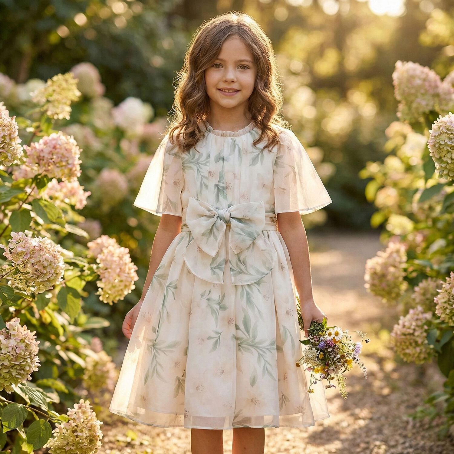 Girls Ivory Chiffon Floral Dress, 1, hi-res