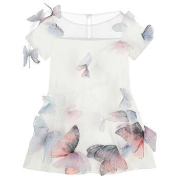 Girls White 3D Butterfly Applique Dress