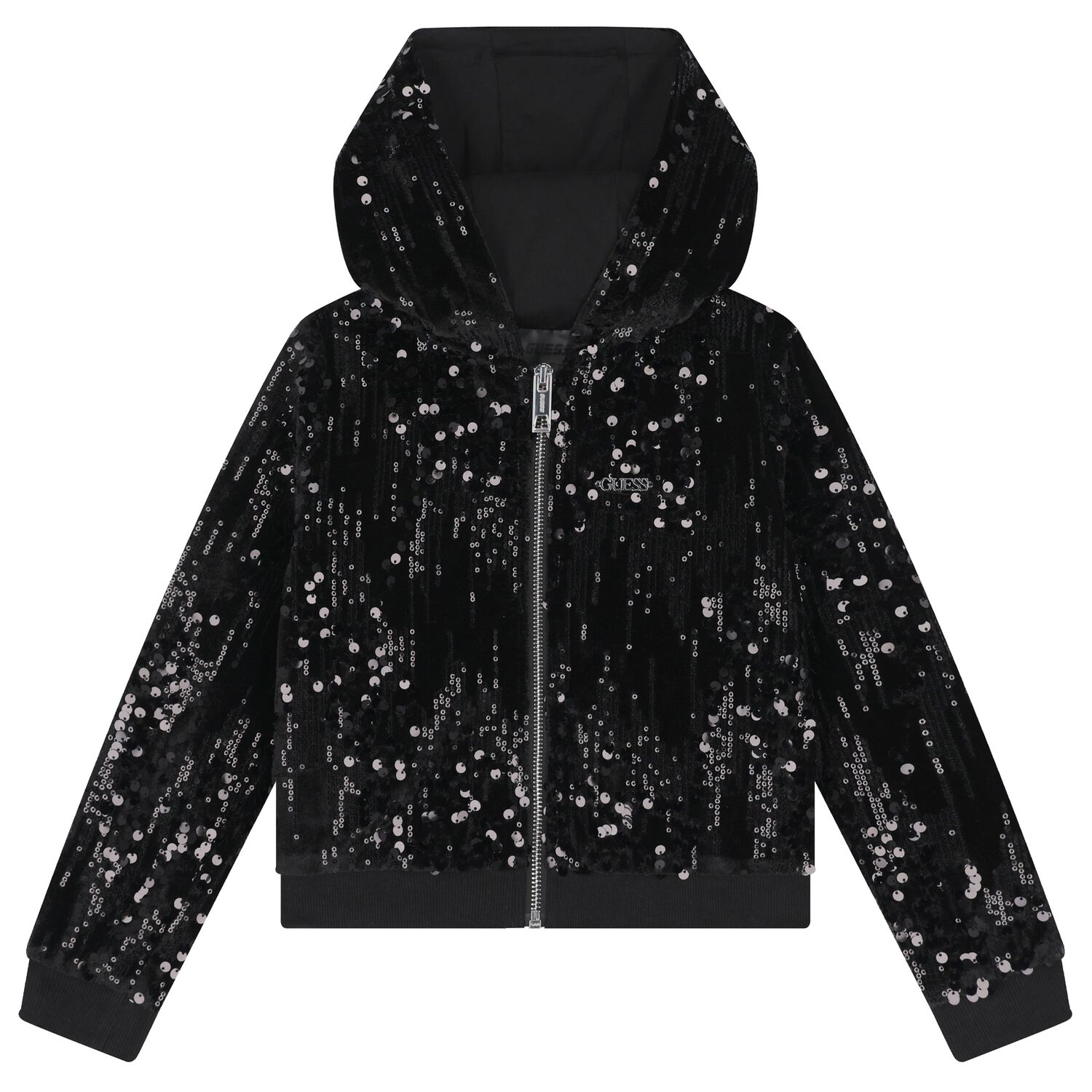 Girls Black Sequins Hooded Zip Up Top, 2, hi-res